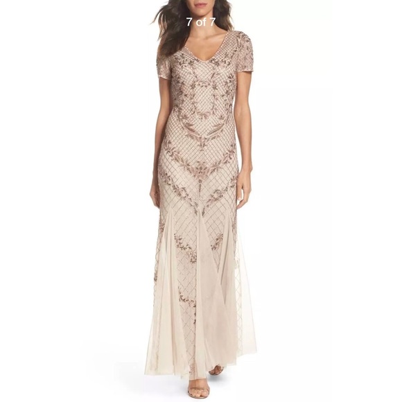 NEW Adrianna Papell Floral Beaded‎ Mesh Mermaid Gown in Biscotti [SZ 8 ] - Picture 9 of 9